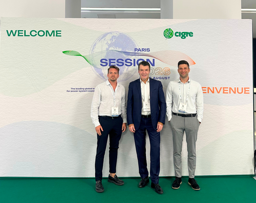 PROTASIS CEO Vassilis Georgiou with team members Vassilis Evangelopoulos and Aris Tsimtsios at the CIGRE Paris Session 2026